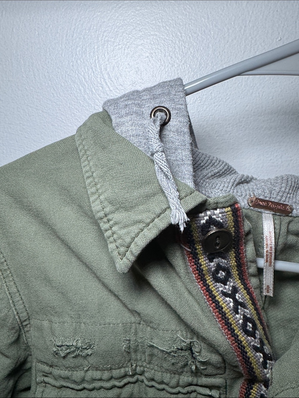 Free people Olive Green Hooded Jacket with Embroidered Trim size S - Picture 4 of 9